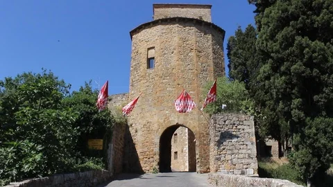 Tilt-Up pan view of an old medieval city door with flags Stock Footage 97869893