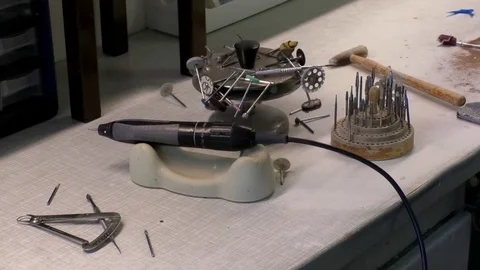 Tilt: Prosthetic dentistry instruments and teeth models in a dental laboratory Stock Footage 76779516