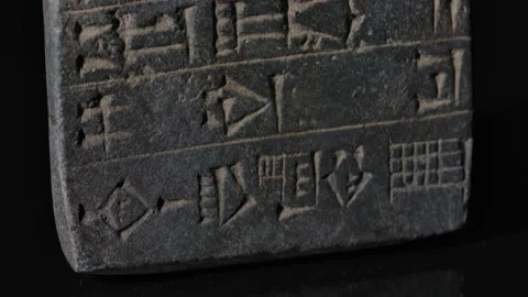 Tilt up reveal cuneiform tablet with ancient writings Stock Footage 142403576