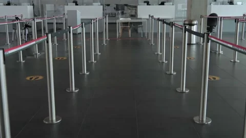 Tilt Up Reveal Empty Passport Control Point, Budapest Airport, Covid-19 Stock Footage 130276706