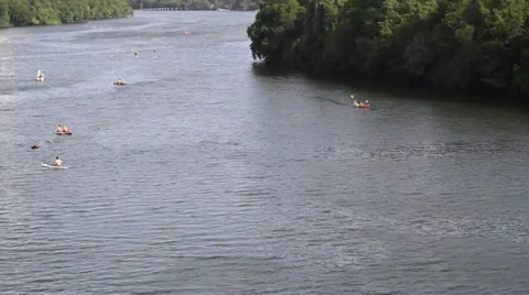 Tilt Up River with Bird Trees Kayaks Video stock 32165854