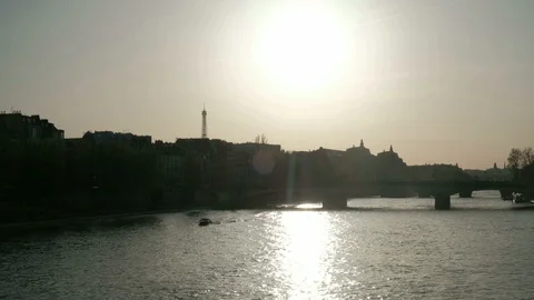 Tilt Up River Seine Bridge Eiffel Tower Silhouette Into The Sun Paris France Stock Footage 92532660
