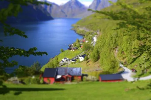 Tilt-shift and selective focus shot of Aurlandsfjorden in Norway Stock Photos
