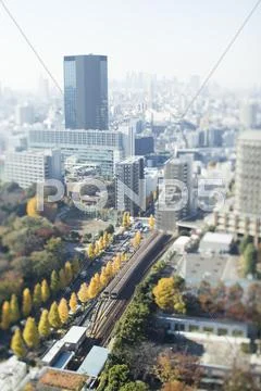 Tilt-shift bird's eye view of Tokyo cityscape, Tokyo, Japan Stock Photos