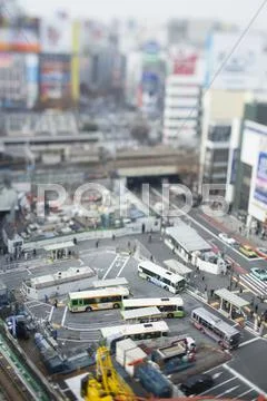 Tilt-shift bird's eye view of Tokyo cityscape, Tokyo, Japan Stock Photos