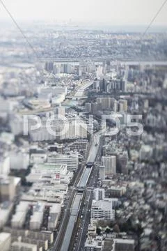 Tilt-shift bird's eye view of Tokyo cityscape, Tokyo, Japan Stock Photos