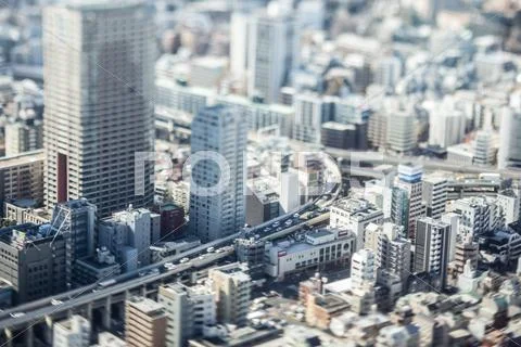 Tilt-shift bird's eye view of Tokyo cityscape, Tokyo, Japan Stock Photos