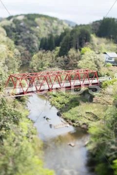 Tilt-shift bird's eye view of Kominato Railway bridge, Chiba Prefecture, Japa Stock Photos