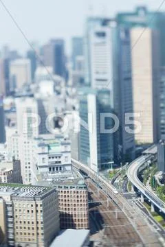 Tilt-shift bird's eye view of Tokyo cityscape, Tokyo, Japan Stock Photos
