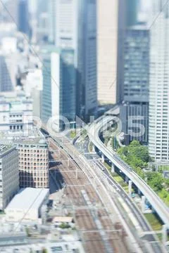 Tilt-shift bird's eye view of Tokyo cityscape, Tokyo, Japan Stock Photos