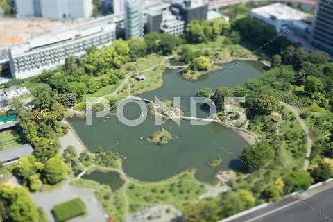 Tilt-shift bird's eye view of Old Shiba-Rikyu Garden, Tokyo, Japan Stock Photos