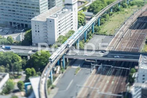 Tilt-shift bird's eye view of Tokyo cityscape, Tokyo, Japan Stock Photos