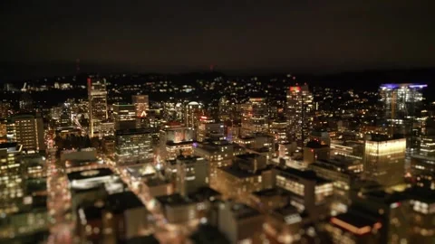 Tilt-Shift Blur | Aerial view of Portland Oregon at Night #16 Stock Footage 224411057