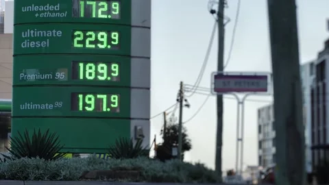 Tilt shift BP fuel prices in Australia slow motion 4K Video stock 235530466