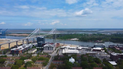 Tilt-shift Drone shot of the Talmadge Memorial Bridge Savannah Georgia Stock Footage 346642774