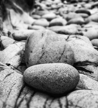 Tilt shift effect image with shallow depth of field textured rocks on beach b Foto stock