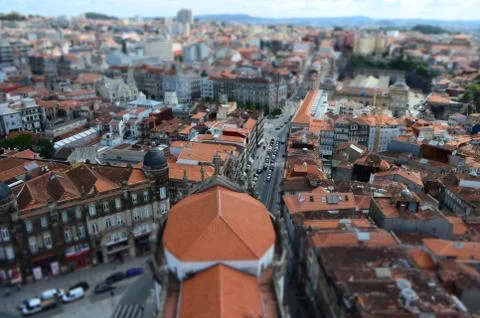 Tilt Shift Focus of City View from Clérigos Church Tower in Porto, Portugal Stock Photos