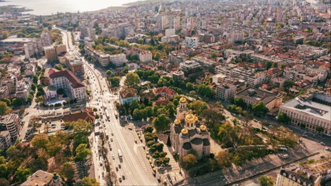 Tilt shift hyperlapse Varna Bulgaria Cathedral downtown. Aerial timelapse Stock Footage 241005017