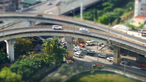 Tilt-shift lens timelapse of traffic intersection seen from above Stock Footage 229772666