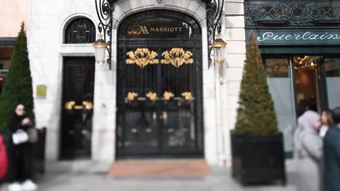 Tilt-shift lens used over the main entrance of Marriot Paris Champs Elysees near Stock Footage 171872852