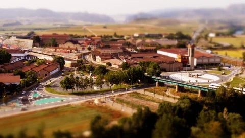 Tilt: Shift: Miniature Train in Haro, La Rioja, Spain – view from above Stock Footage 98004649