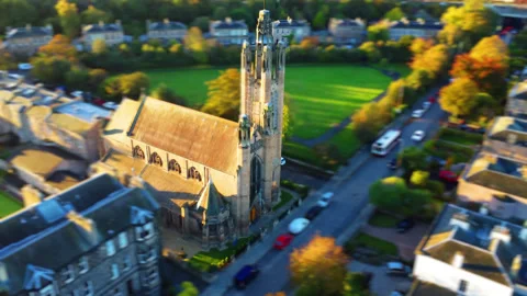 Tilt-shift Static drone shot of a church in Portobello Scotland Stock Footage 346643115