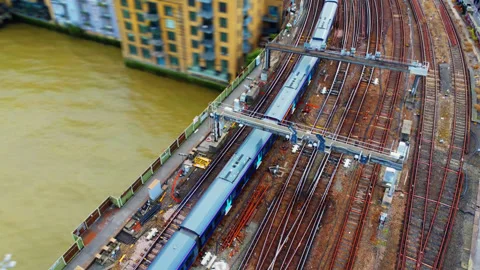 Tilt-shift Subway train in London England drone view Stock Footage 346643458