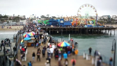 Tilt Shift Time Lapse of Tourists on Santa Monica Pier Stock Footage 74101924
