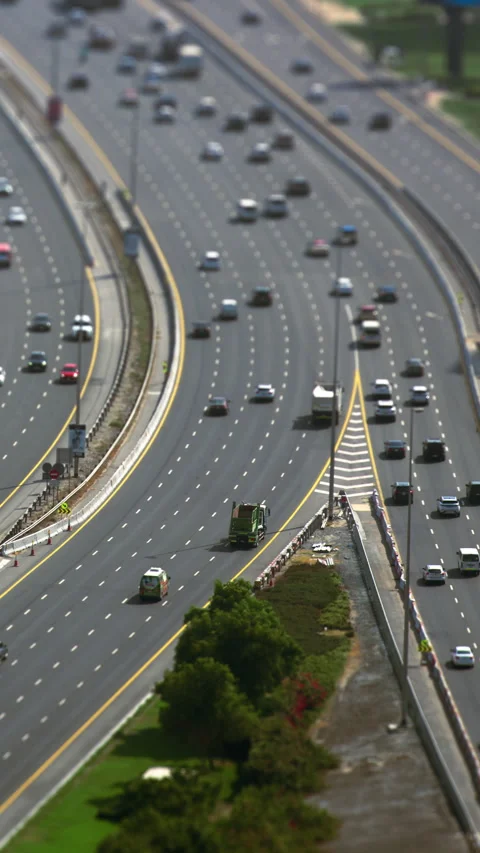 Tilt shift traffic on a busy highway Stock Footage 340466370