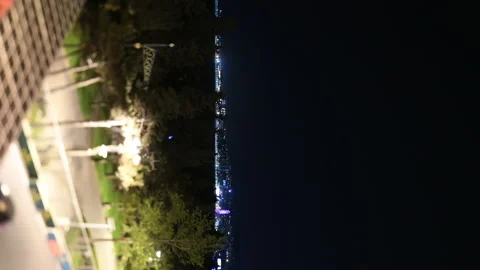 Tilt-shift unique vertical view of Neftchilar Avenue busy avenue at night Stock Footage 150980712