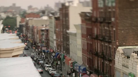 Tilt-shift view of Manhattan Ave, street in Greenpoint, Brooklyn, New York. Stock Footage 75262367