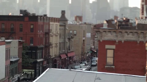 Tilt-shift view of a street in Brooklyn, New York. Manhattan in the background. Stock Footage 75262912