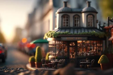 Tilt-Shift,Macro View From the Street of coffee cafe in Tiny Little Town Pa.. Stock Illustration