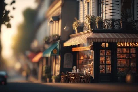 Tilt-Shift,Macro View From the Street of coffee cafe in Tiny Little Town Pa.. Stock Illustration
