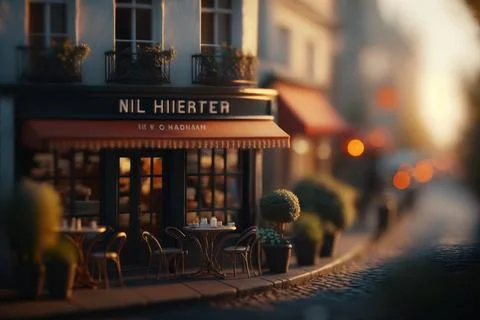 Tilt-Shift,Macro View From the Street of coffee cafe in Tiny Little Town Pa.. Stock Illustration