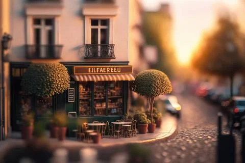 Tilt-Shift,Macro View From the Street of coffee cafe in Tiny Little Town Pa.. Stock Illustration