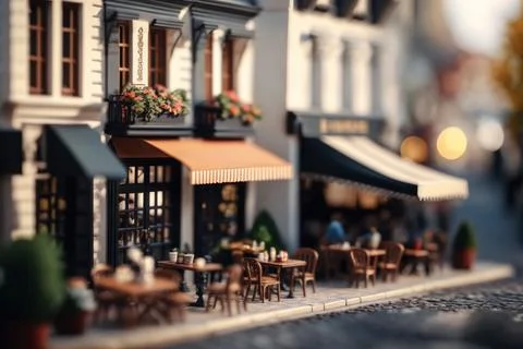 Tilt-Shift,Macro View From the Street of coffee cafe in Tiny Little Town Pa.. Stock-Illustration