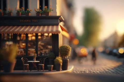Tilt-Shift,Macro View From the Street of coffee cafe in Tiny Little Town Pa.. Illustrazione stock