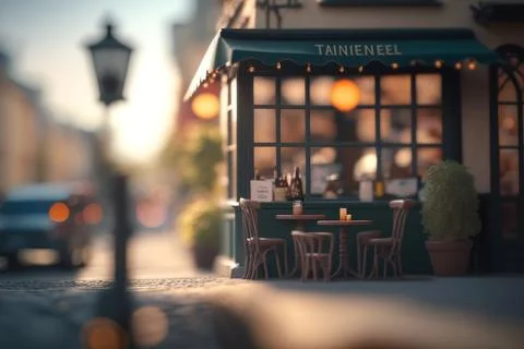Tilt-Shift,Macro View From the Street of coffee cafe in Tiny Little Town Pa.. Stock Illustration