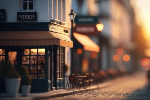Tilt-Shift,Macro View From the Street of coffee cafe in Tiny Little Town Pa.. Stock Illustration