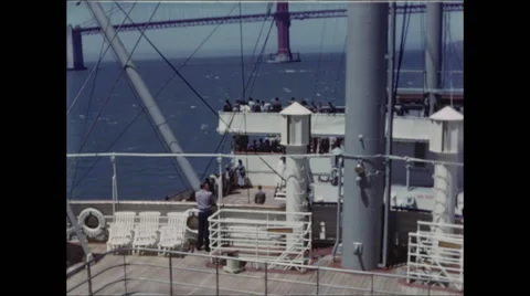 Tilt Up From Ship Deck to Golden Gate Bridge 1954 Video stock 48701657