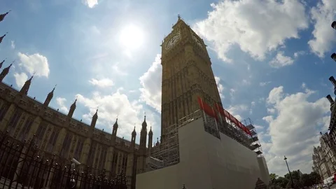 Tilt shot of Big Ben Tower against the sun in London, England Stock Footage 79928084
