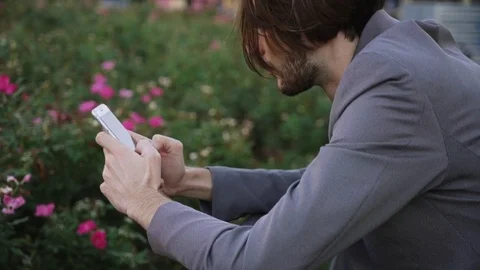 Tilt up shot of businessman using smart phone while sitting by plants on street Stock Footage