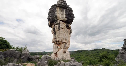 Tilt up shot from close distance of old mushroom rock at Shilin Stone Forest Stock Footage 329490185