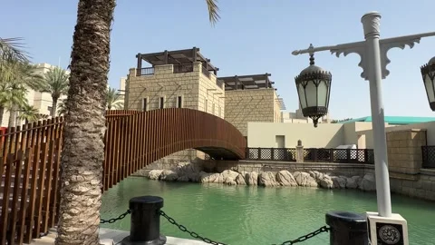 Tilt-Up Shot of Palm Tree and Elegant Street Lamp by a Wooden Bridge Stock Footage 303398502