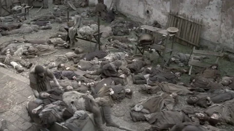 Tilt up shot of recreation: men pulling cart full of dead bodies past corpses Vidéo 202909509