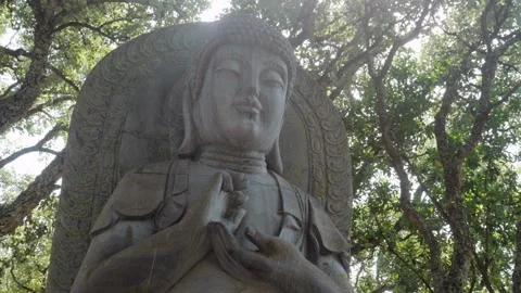 Tilt Up Shot of Stone Buddha Statue With Halo in Sunlit Forest, Eden Garden 스톡 동영상 337166814