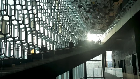 Tilt Shot at Sunset Of Windows Inside the Icelandic Opera House, Reykjavik Stock Footage 96652977