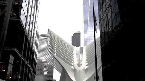 Tilt up slow motion pan of Oculus Building Downtown Manhattan New York City 4k Stock Footage 255405492
