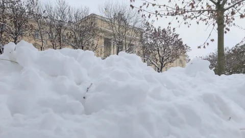 Tilt up from snow to facade of Ivan Franko National University of Lviv Stock Footage 101375849